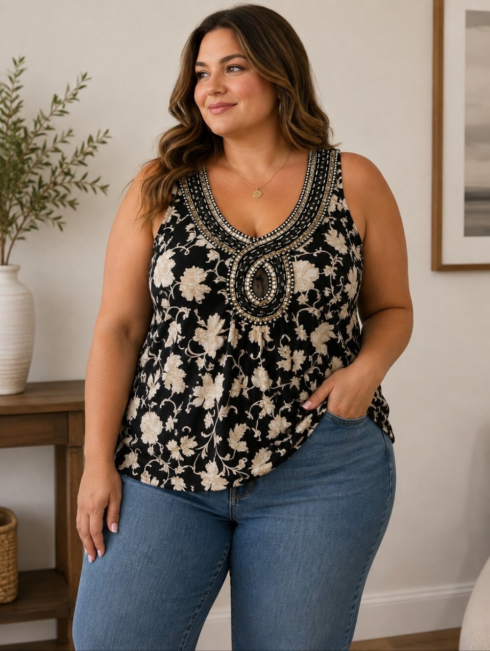 George Embellished Floral Tank Top in Black and Cream